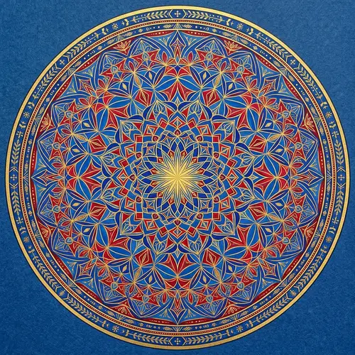Intricate Kaleidoscopic Circle Design in Blue, Red & Gold