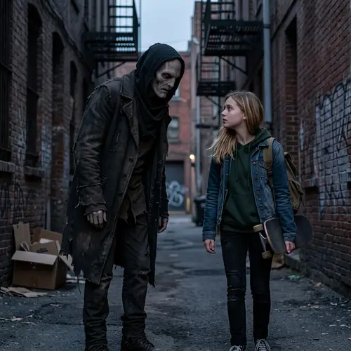 Eerie Encounter Between Tall Humanoid and Blonde Teen