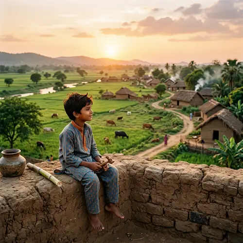 Rustic Village Scene: South Asian Boy Admiring Rural Beauty