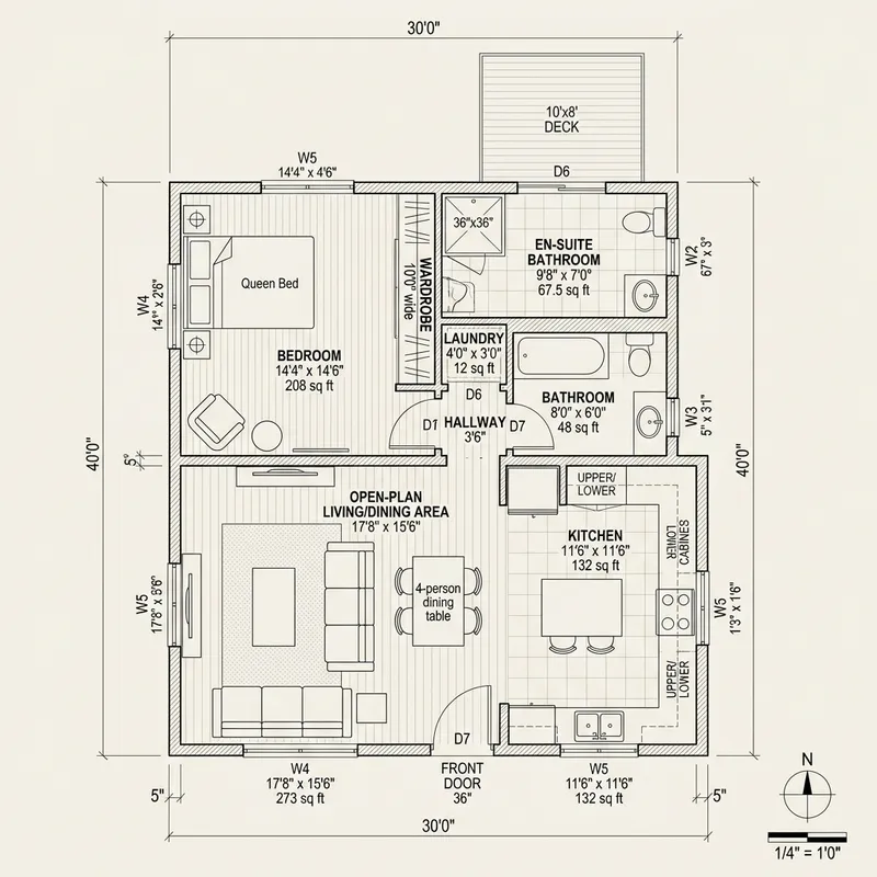 1-Bedroom House Floor Plan - 30x40 Design