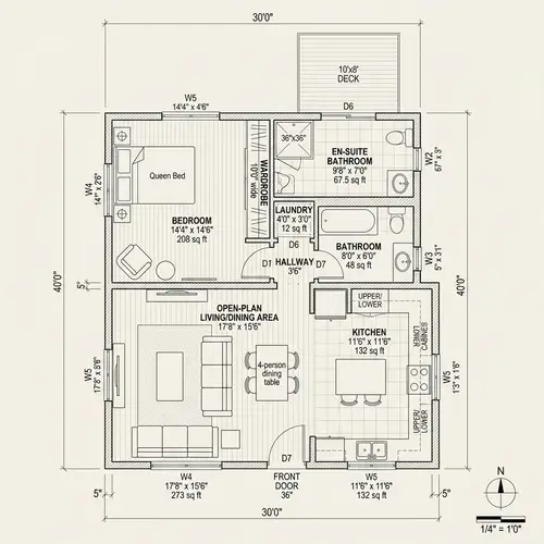 1-Bedroom House Floor Plan - 30x40 Design