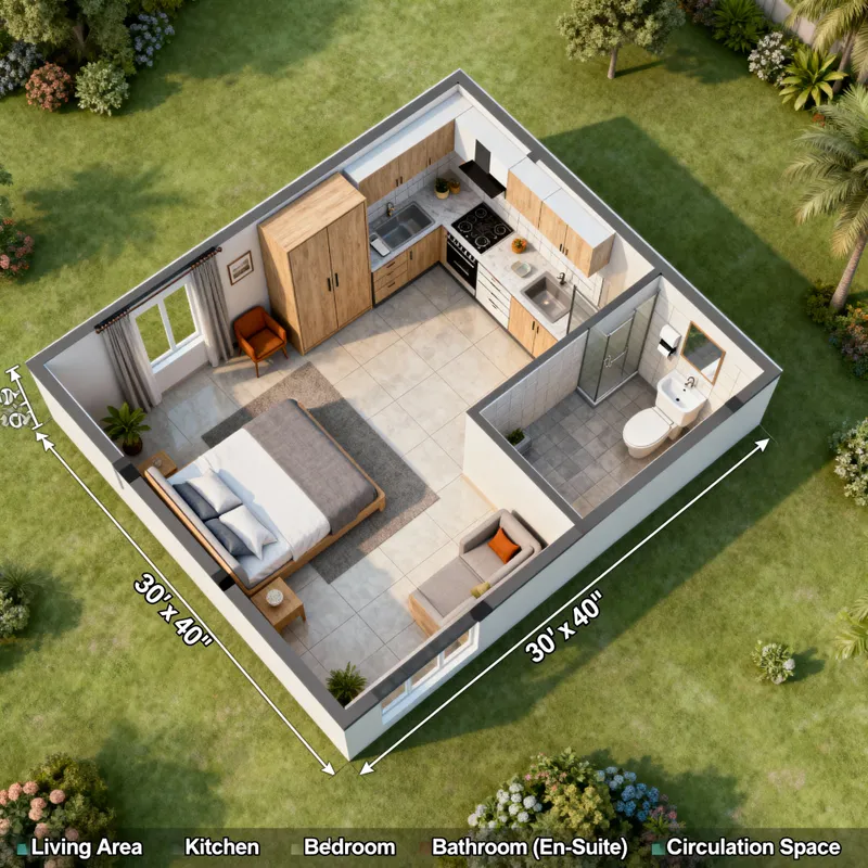 1-Bedroom House Floor Plan - 30x40 Design 1-Bedroom House Floor Plan - 30x40 Design