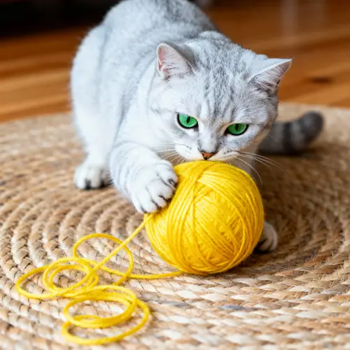 Playful Silver Cat Chasing Yarn Ball