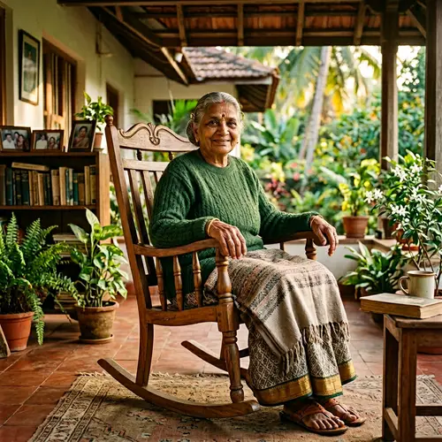 Elderly South Asian Woman in Green Sweater on Rocking Chair