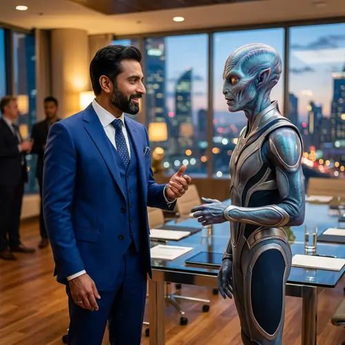 Man in Blue Suit Dialogue with Human-Like Alien