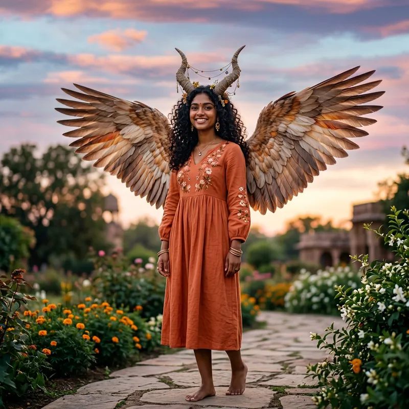 South Asian Girl with Curly Hair | Horns and Wings Drawing
