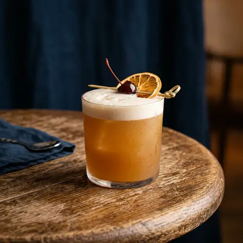 Whiskey Sour Cocktail on Wooden Table