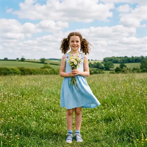 Curly Brown Hair Girl with Daisy Bouquet | Field Scene
