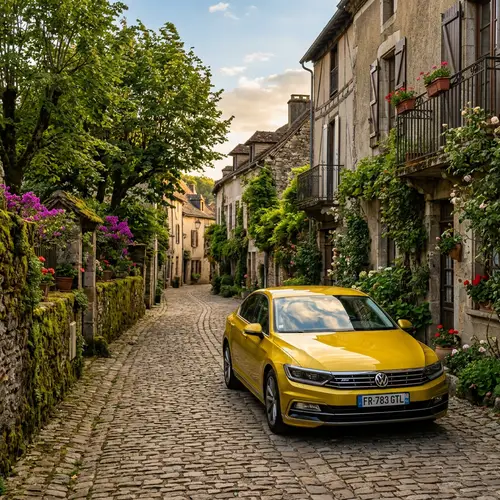 Colorful Sedan Car on Cobblestone Street | Serene Cityscape View