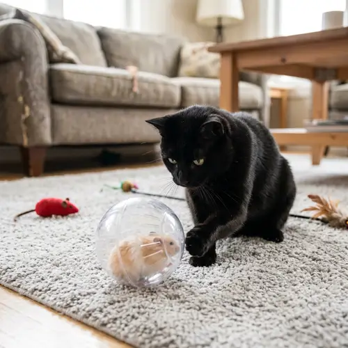 Black Cat Playing with Hamster - Cute Animal Interaction