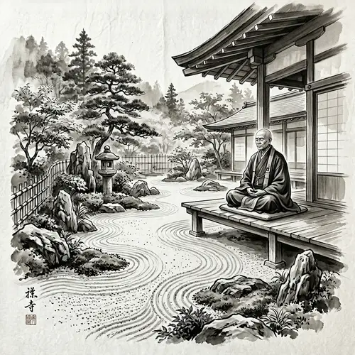 Zen Garden Painting with Meditating Monk