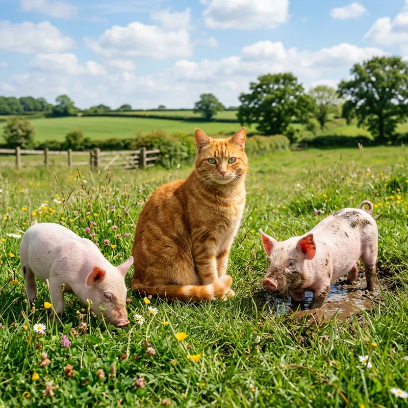 Adorable Cat and Pigs Frolicking Together