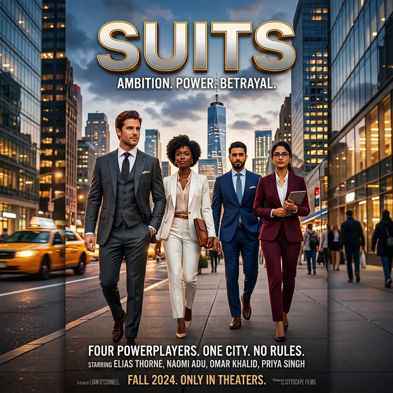 Suits: Diverse Characters in Stylish Attire on Netflix Movie Poster