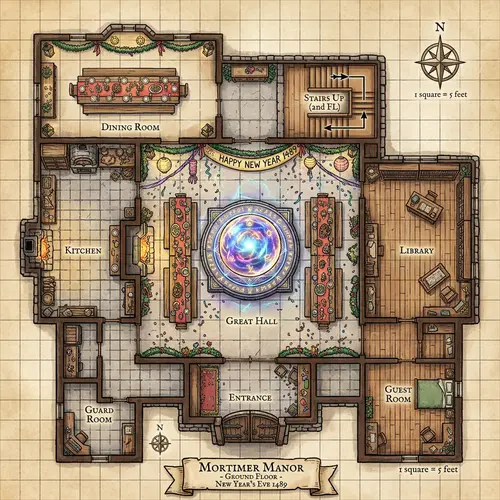 Medieval Mansion D&D Map | First Floor Grid Map with Magical Sphere