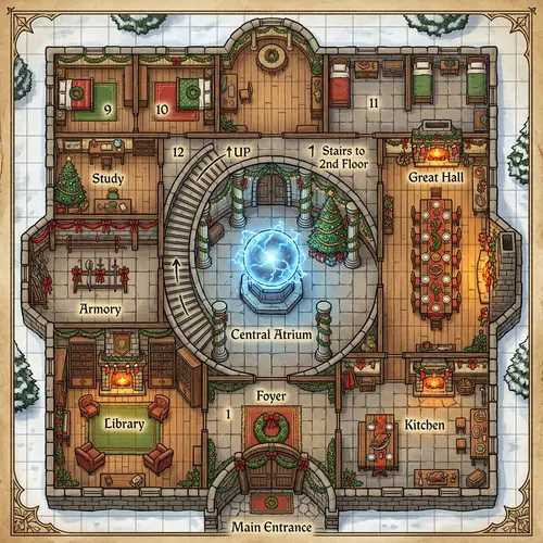 Medieval Mansion D&D Map with Magical Sphere - Holiday Season Decor