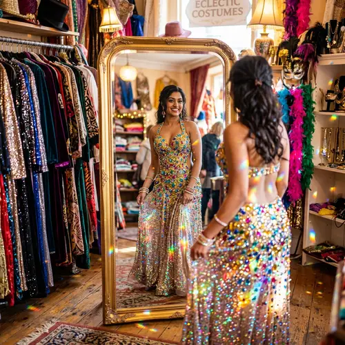 Sparkling Costume Try-On: Shining Gemstones and Eclectic Fabrics