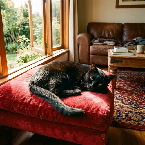 Relaxing Domestic Short-Haired Cat on Soft Red Cushion