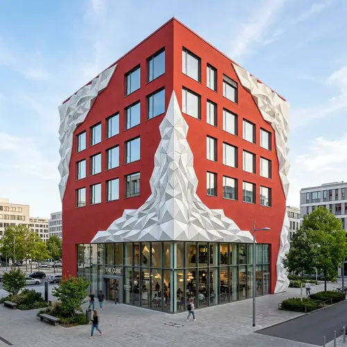 Red Cube Building with Parametric Color Details | Large Windows