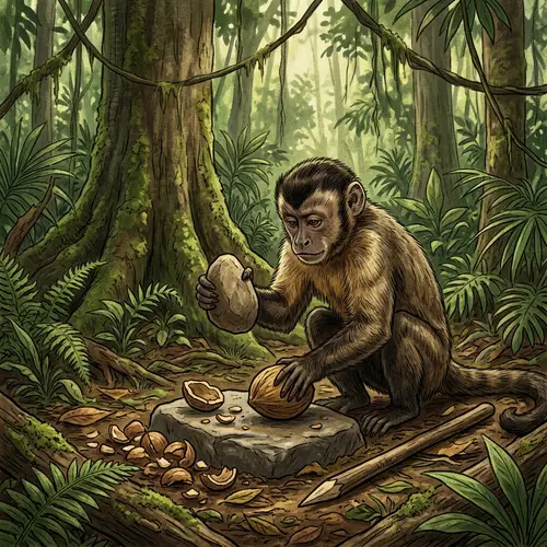 Forest Monkey Using Primitive Tools in Labor