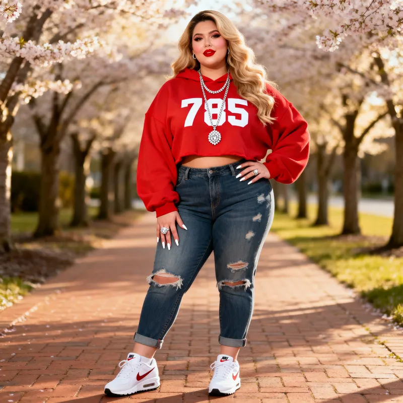Stylish Curvy Woman in Trendy Red Hoodie