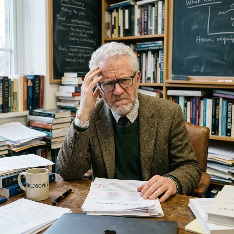 Angry Philosophy Professor with Short White Curly Hair and Square Glasses
