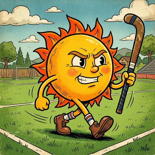 Vintage Cartoon Sun Mascot with Hockey Stick