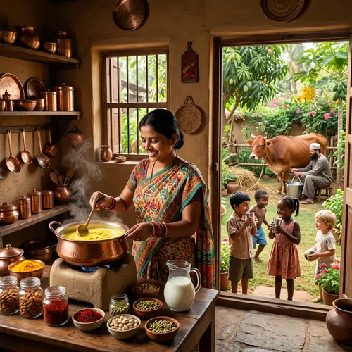 Traditional Indian Kitchen: Aromatic Saffron Milk & Joyful Activities