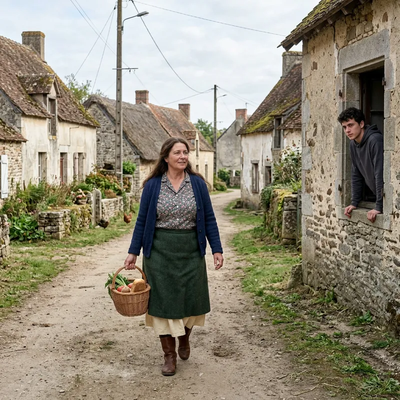 Chubby Woman Strolling in Village Street Chubby Woman Strolling in Village Street