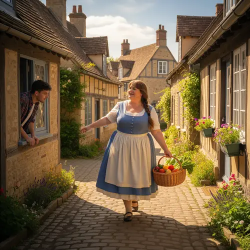 Chubby Woman Strolling in Village Street