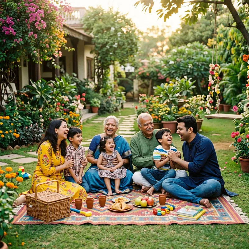 Happy Indian Modern Family Having Fun in Lush Garden
