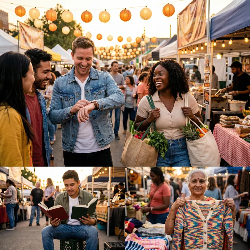 Happy People Shopping at Bustling Market Happy People Shopping at Bustling Market