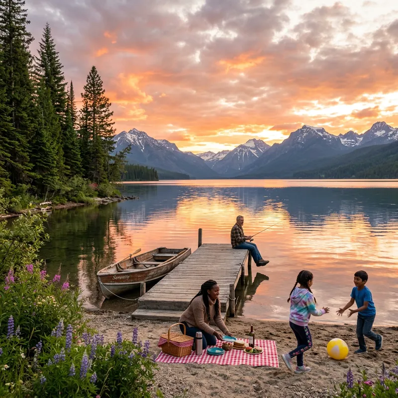Tranquil Sunset View over Lake with Mountain Range | Family Picnic Scene Tranquil Sunset View over Lake with Mountain Range | Family Picnic Scene