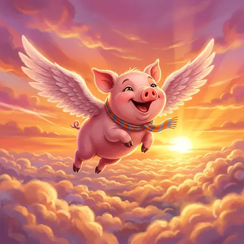 Cheerful Flying Pig Soars Above Clouds at Sunset
