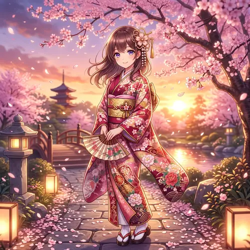 Vibrant Anime Character in Traditional Kimono | Serene Scene