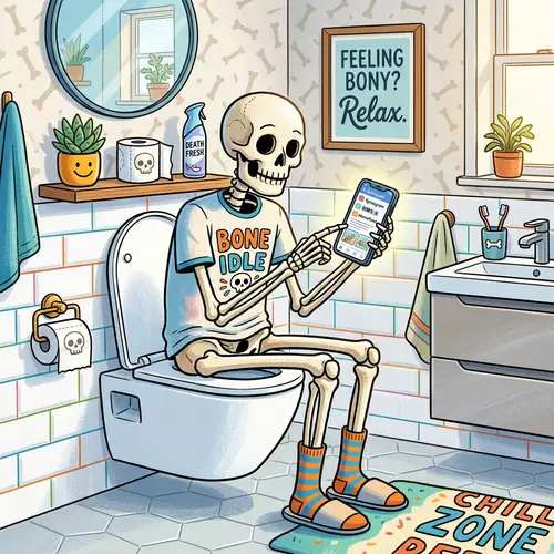 Humorous Skeleton on Modern Toilet with Smartphone