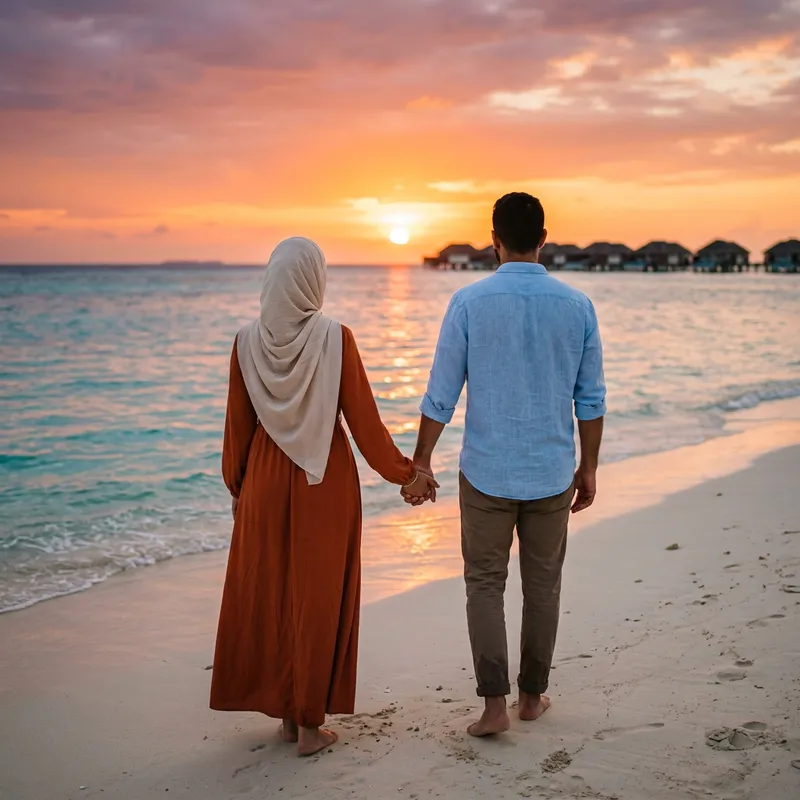 Serenity at Sunset: Muslim Couple in Hijab on Maldives Beach