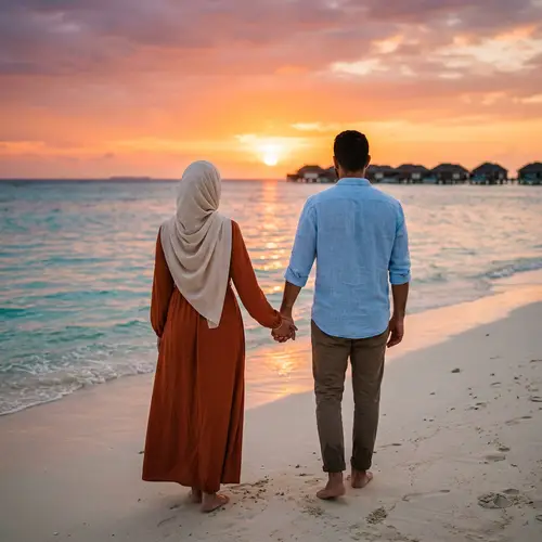 Serene Unity: Middle Eastern Muslim Couple on Maldivian Beach
