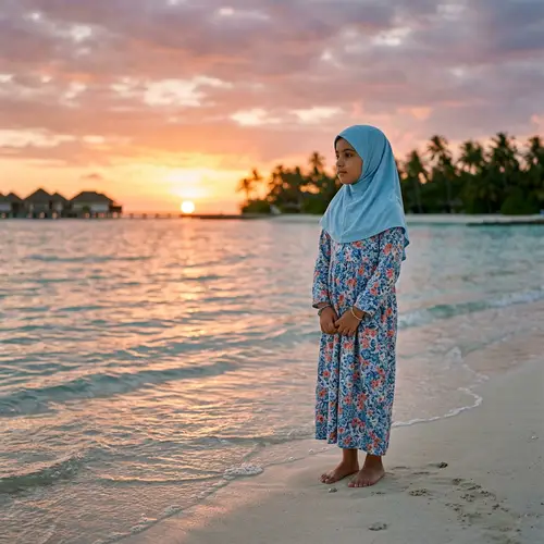 Tranquil Sunset Scene: Middle Eastern Girl at Maldives Beach