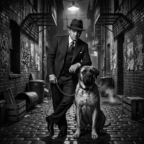 Italian Gangster Style Man with Mastiff in Dark Alleyway