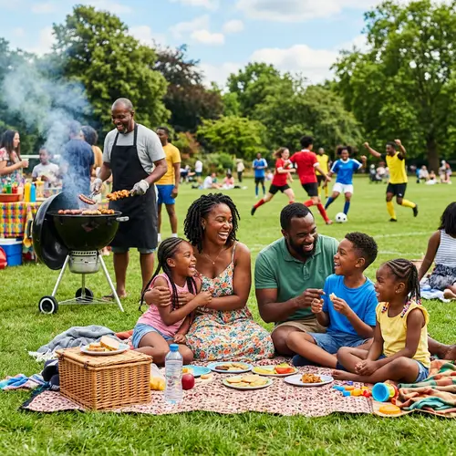 Joyful Black Family Enjoying Sunny Day in the Park - BBQ & Football