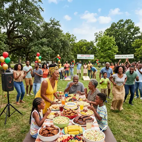Black Family Lively Park Party: Joyful Gathering Under Clear Sky