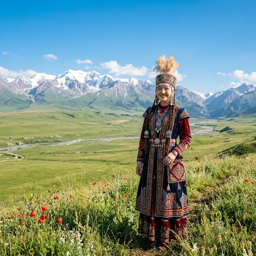 Traditional Kazakh Girl in Ornate Attire | Kazakhstan Landscape