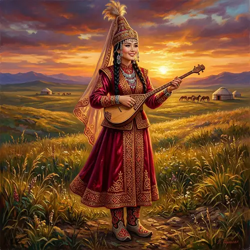 Traditional Kazakh National Clothing Painting in Sunset Steppe
