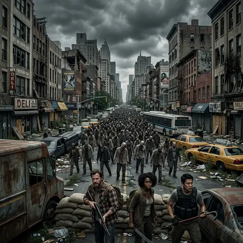 Zombie Invasion in Vibrant City | Scenes of Crumbling Buildings