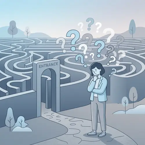 Contemplative Figure at the Labyrinth's Entrance