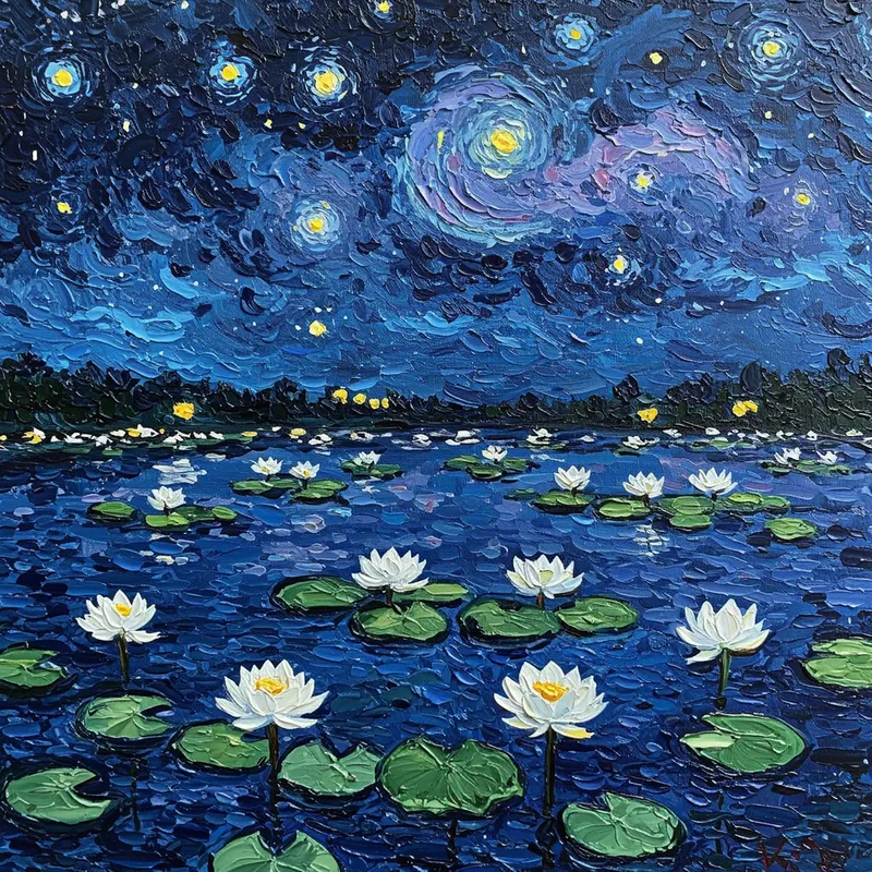 Van Gogh Style: White Lotus Against Starry Night