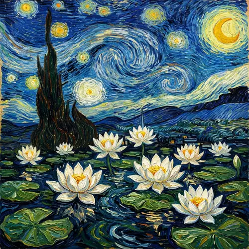 Van Gogh Style: White Lotus Against Starry Night