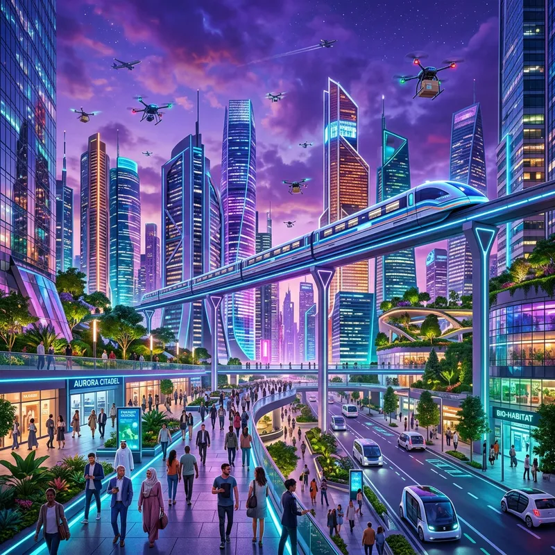 Vision of Future Cityscape: Neon Skyscrapers & Technology Vision of Future Cityscape: Neon Skyscrapers & Technology