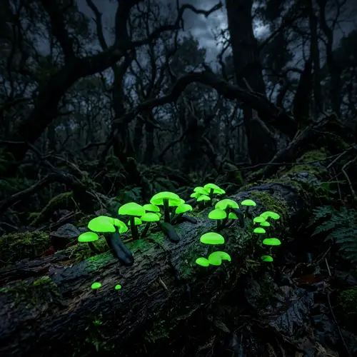Neon Green Fungi and Spooky Trees - Enchanting Nature Display