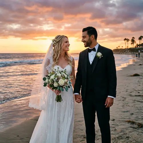 Romantic Beach Wedding at Sunset | Bride and Groom Holding Hands